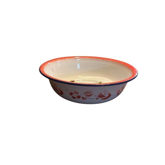 Vintage Large Floral Pattern Enamel Tin Serving Bowl Retro 12.5” repurposed - Picture 2 of 10
